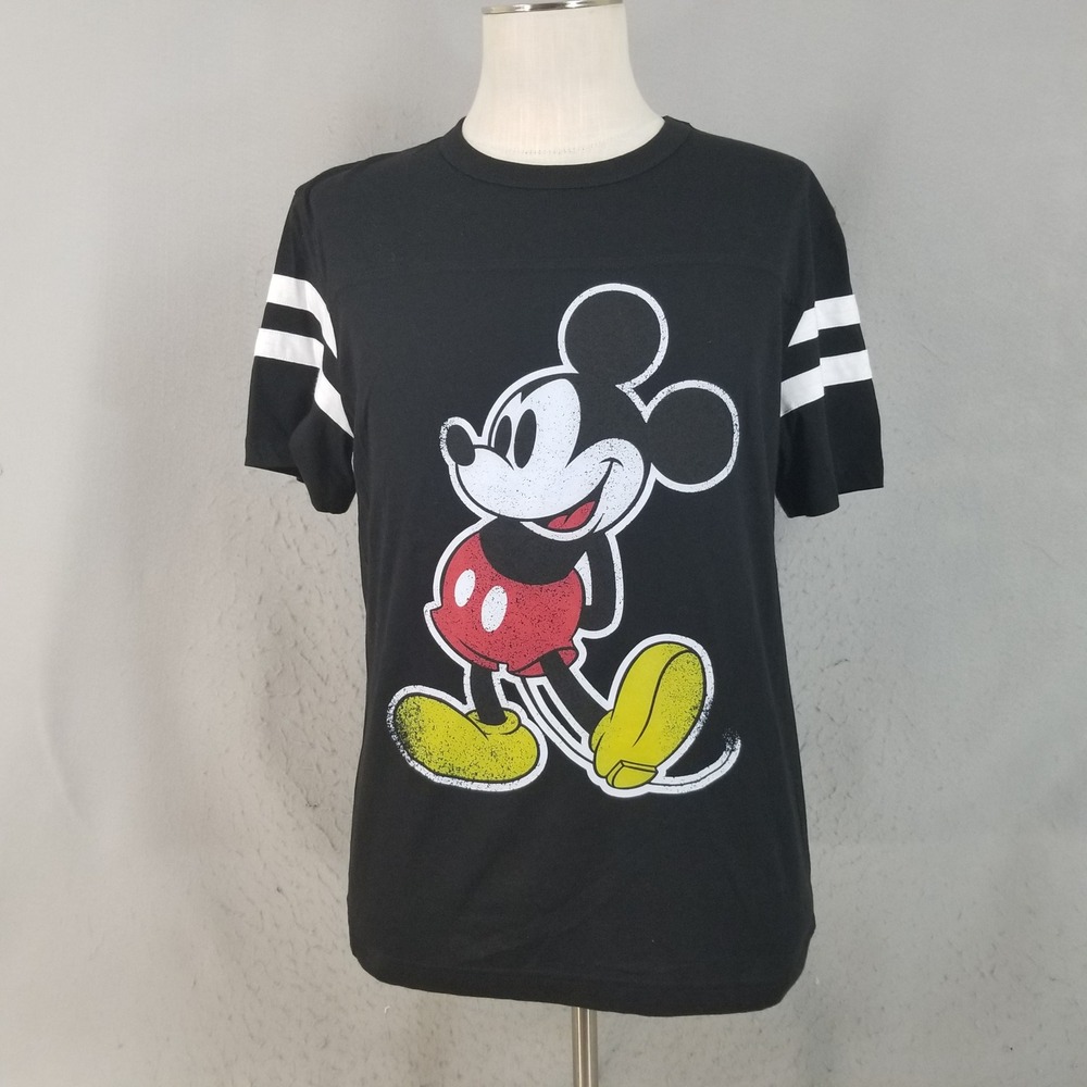 Disney T-Shirt Women L Black Mickey Mouse Graphic Athletic Stripe Distressed Tee